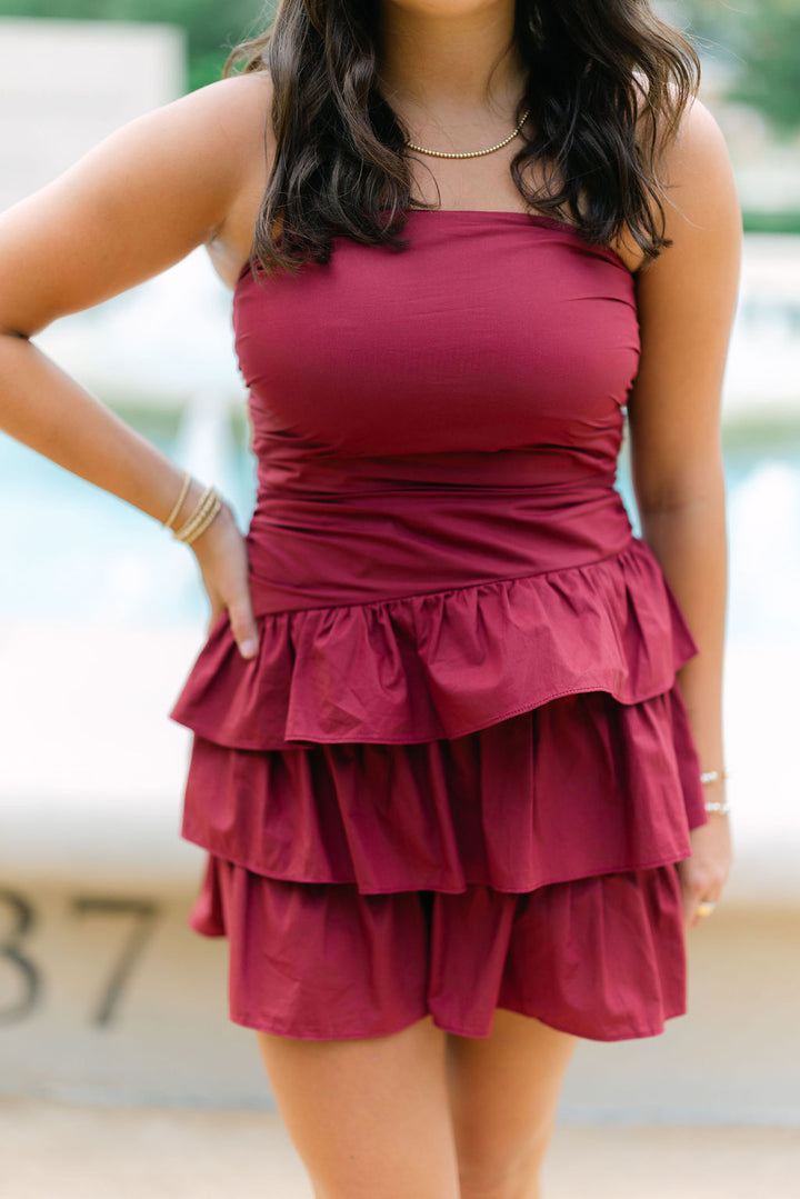 Ruche Hour Mini Dress, Maroon