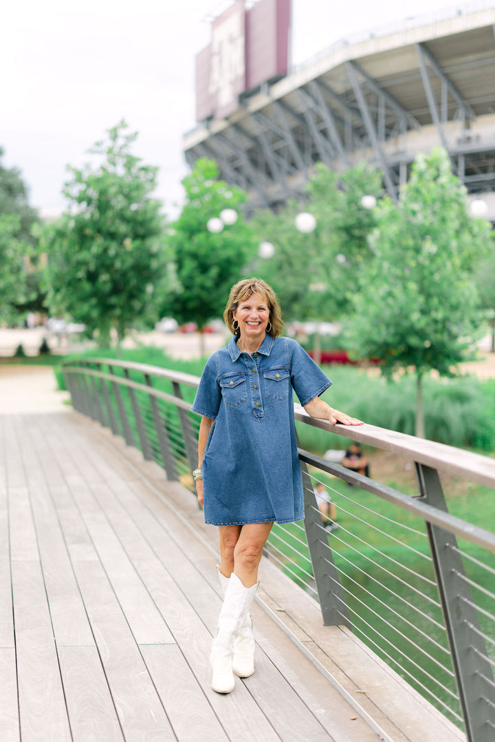 Paloma Denim Mini Shirt Dress, Medium Wash