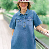 Paloma Denim Mini Shirt Dress, Medium Wash