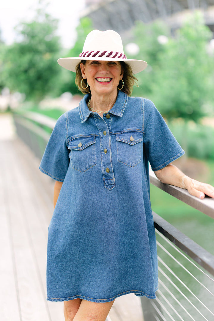 Paloma Denim Mini Shirt Dress, Medium Wash