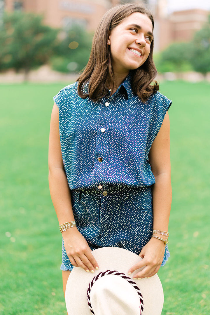 Full Rhinestone Sleeveless Romper, Denim