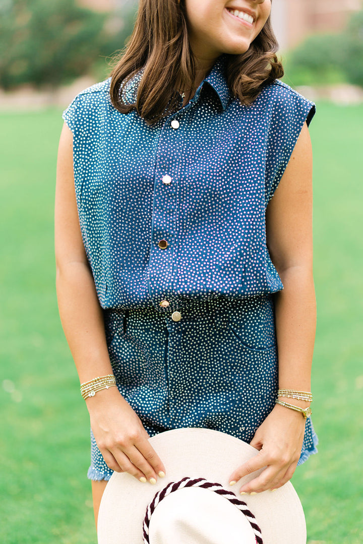 Full Rhinestone Sleeveless Romper, Denim