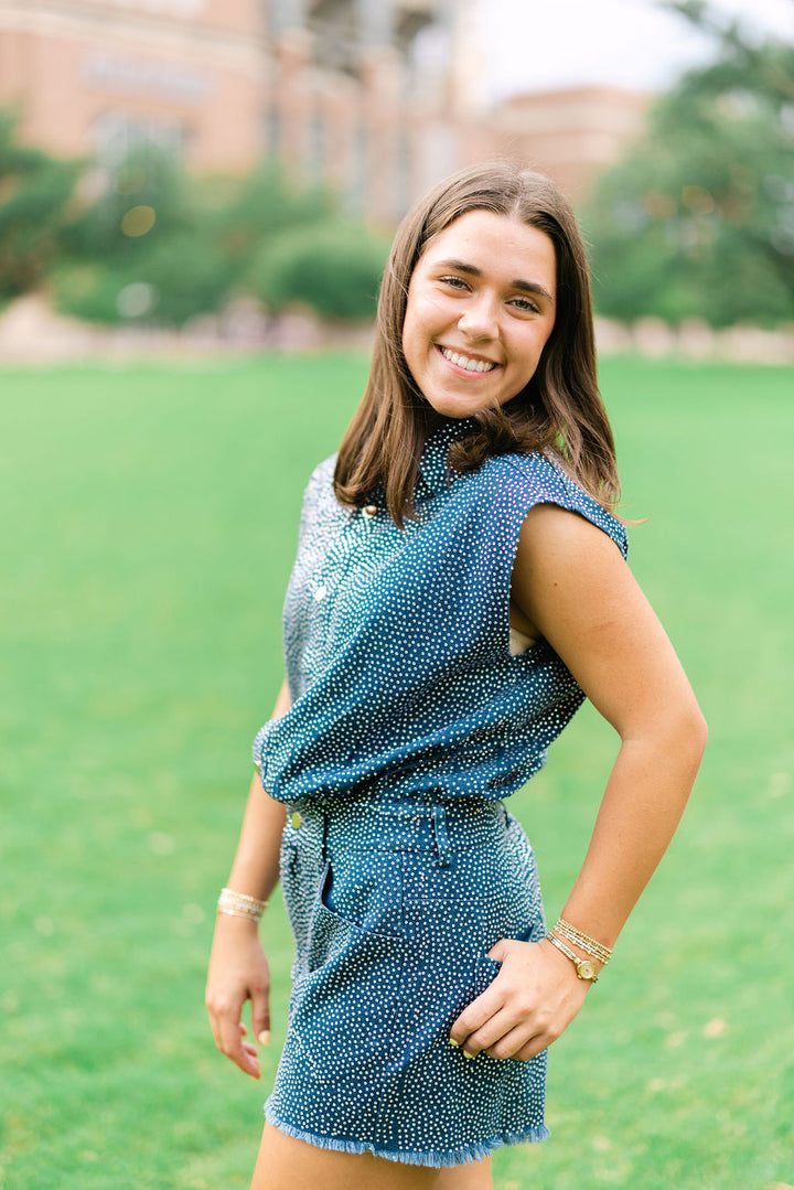 Full Rhinestone Sleeveless Romper, Denim