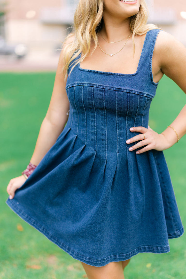 Varsity Denim Dress, Dark Denim