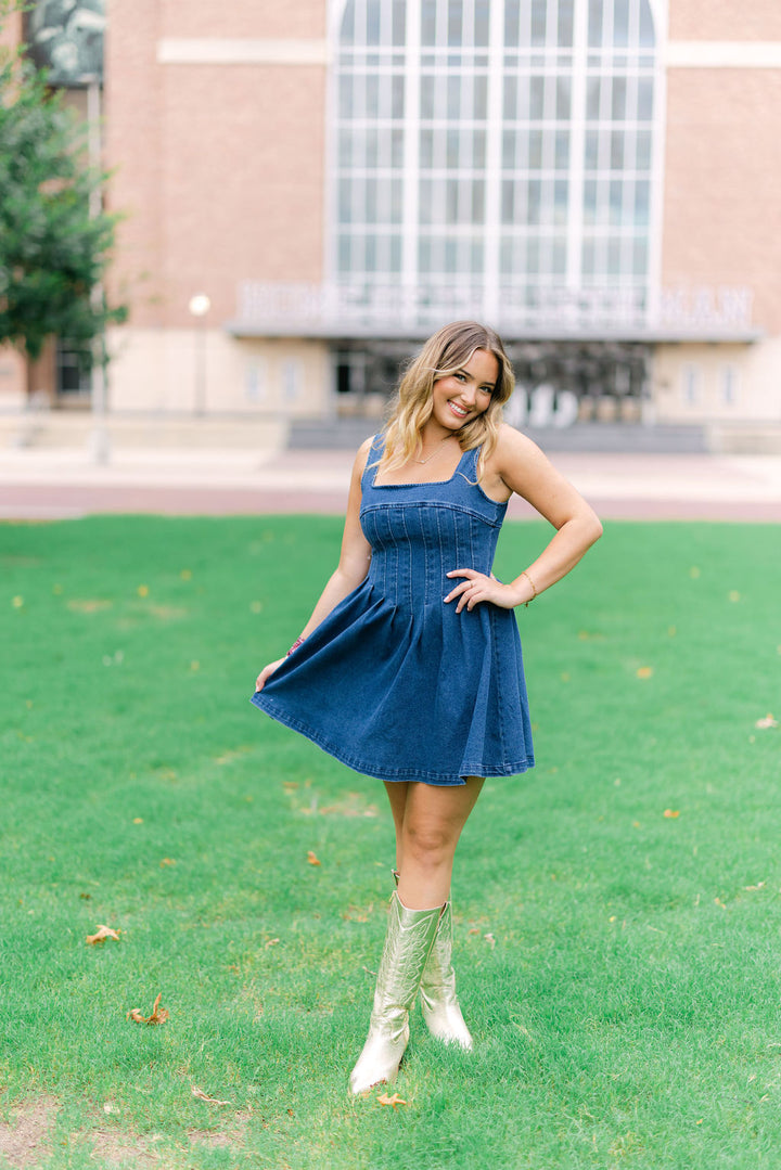 Varsity Denim Dress, Dark Denim