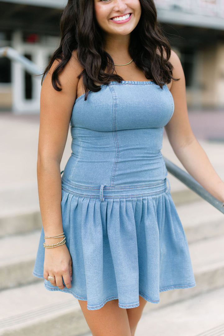 Yes Pleats Denim Mini Dress, Light Wash