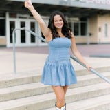 Yes Pleats Denim Mini Dress, Light Wash