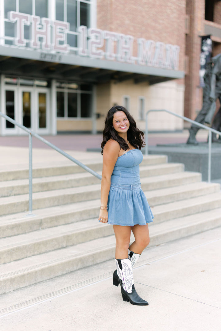 Yes Pleats Denim Mini Dress, Light Wash