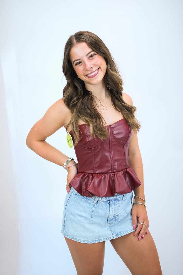 Quarterback Cutie Faux Leather Top, Maroon