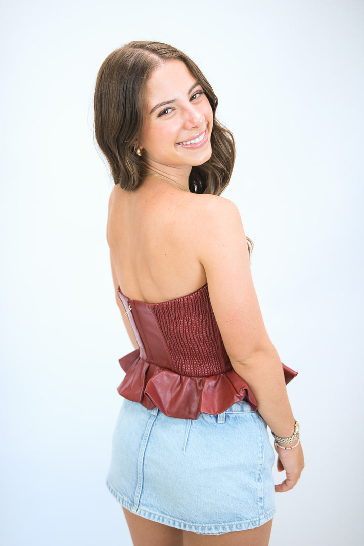 Quarterback Cutie Faux Leather Top, Maroon