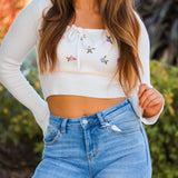 Little Miss Daisy Waffle Knit Floral Sweater, Cream