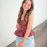 Quarterback Cutie Faux Leather Top, Maroon