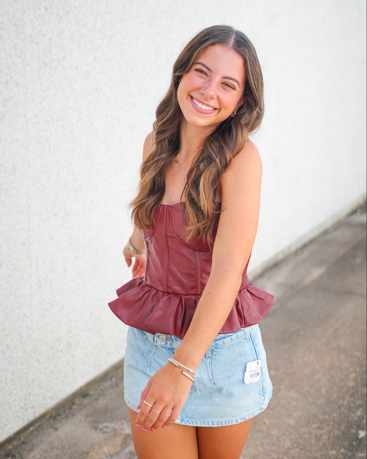 Quarterback Cutie Faux Leather Top, Maroon
