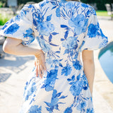 Blue Hydrangeas Dress, Cream Blue