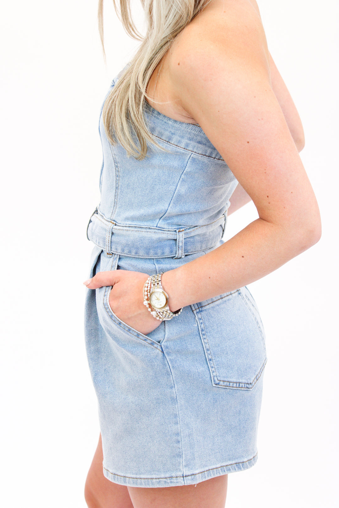 Tailgate Belle Romper, Washed Denim