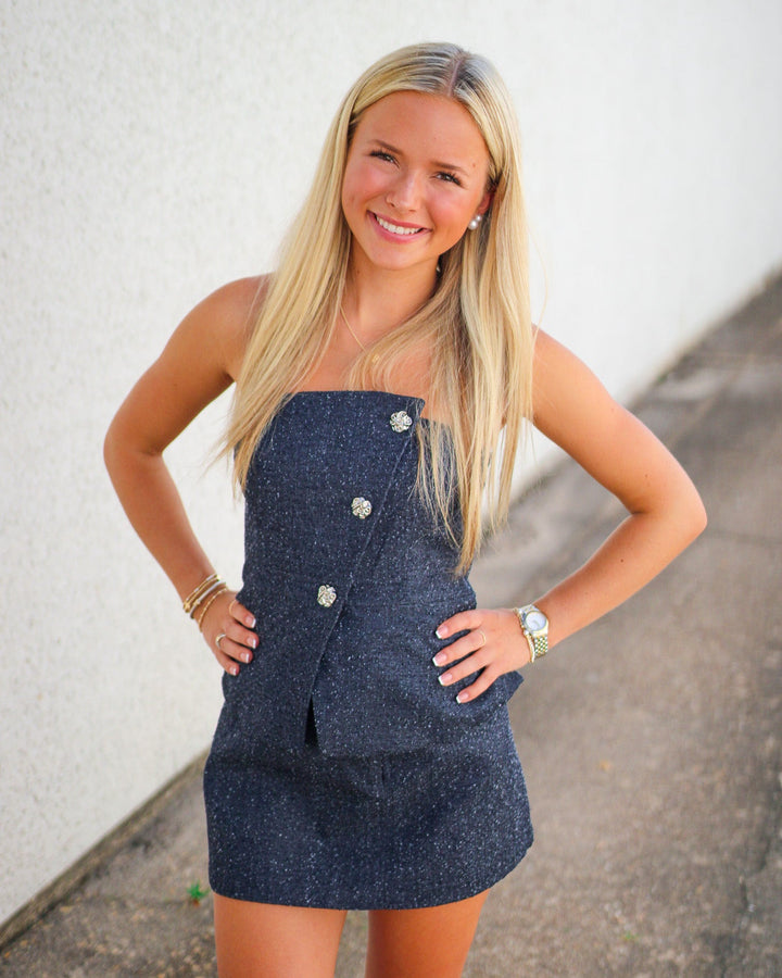 Moina Strapless Denim Top, Denim Blue