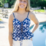 Stars & Polka Dot Tie Ruffle Tank, Navy/White