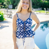 Stars & Polka Dot Tie Ruffle Tank, Navy/White