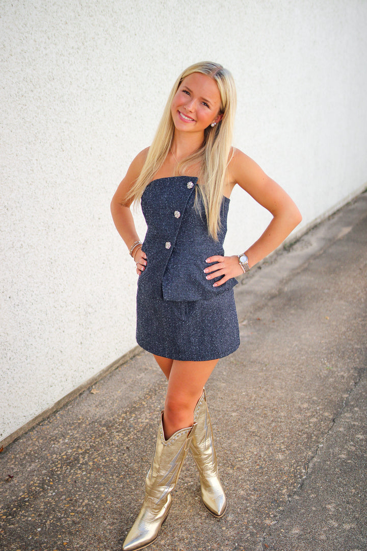 Moina Strapless Denim Top, Denim Blue