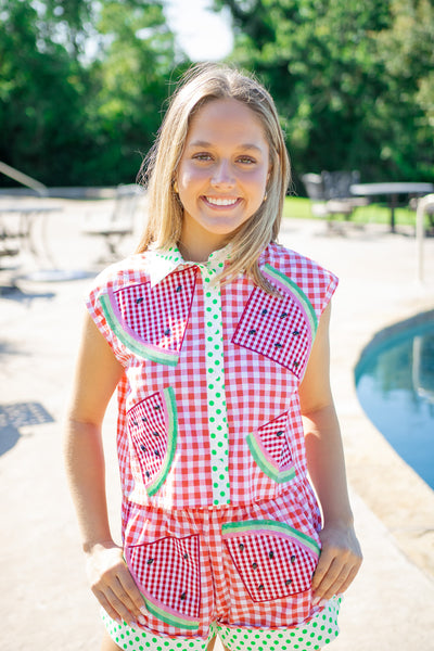Gingham & Polka Dot Watermelon Button Up Tank, Red