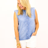 Roll Sleeve with Tabs Button Up Top, Amalfi Marine Wash