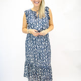 Ruffle Midi Dress, Navy Leaves Print