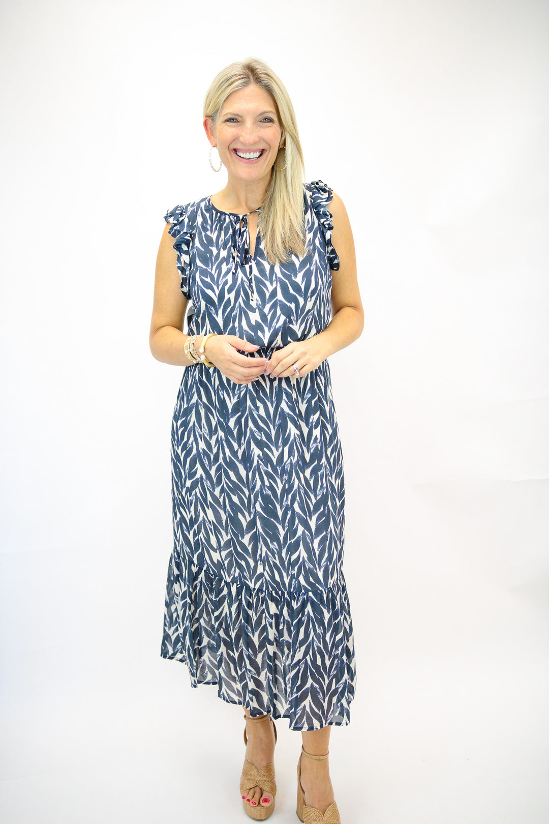 Ruffle Midi Dress, Navy Leaves Print