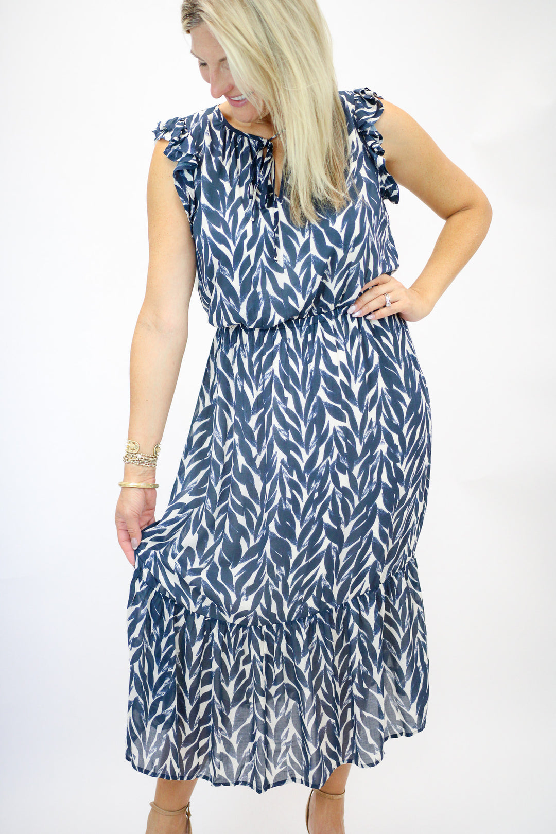 Ruffle Midi Dress, Navy Leaves Print