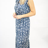 Ruffle Midi Dress, Navy Leaves Print