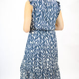 Ruffle Midi Dress, Navy Leaves Print