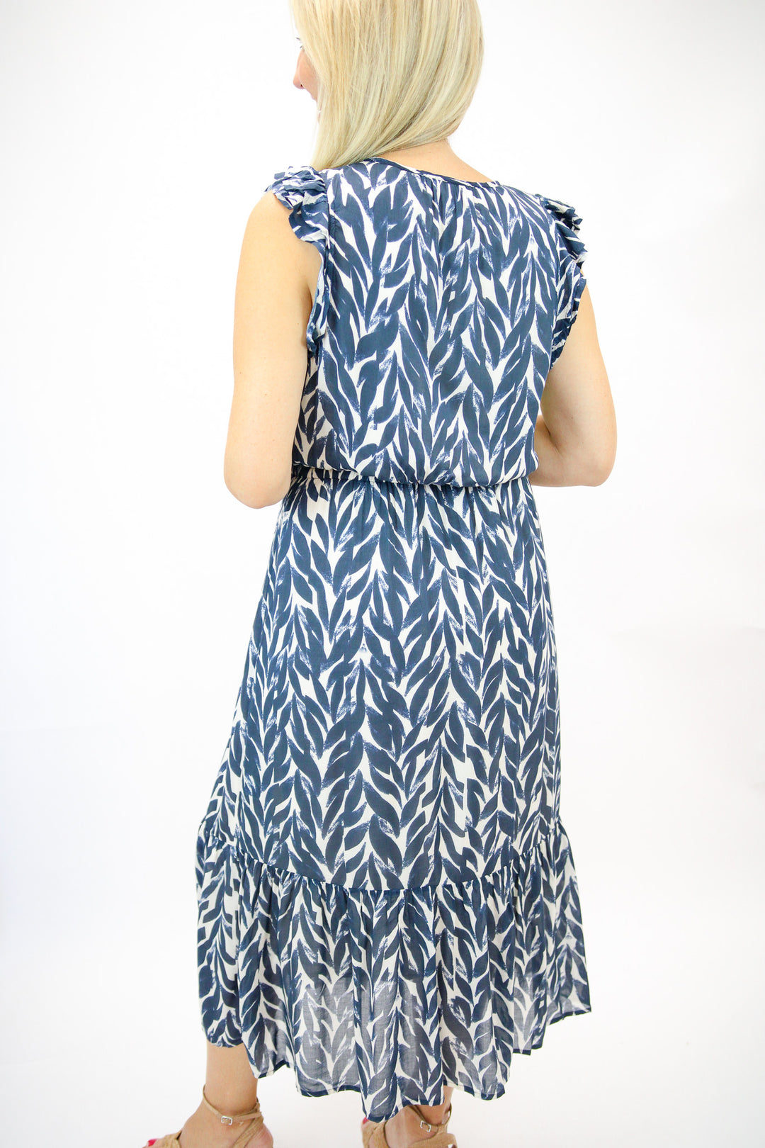 Ruffle Midi Dress, Navy Leaves Print