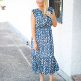 Ruffle Midi Dress, Navy Leaves Print