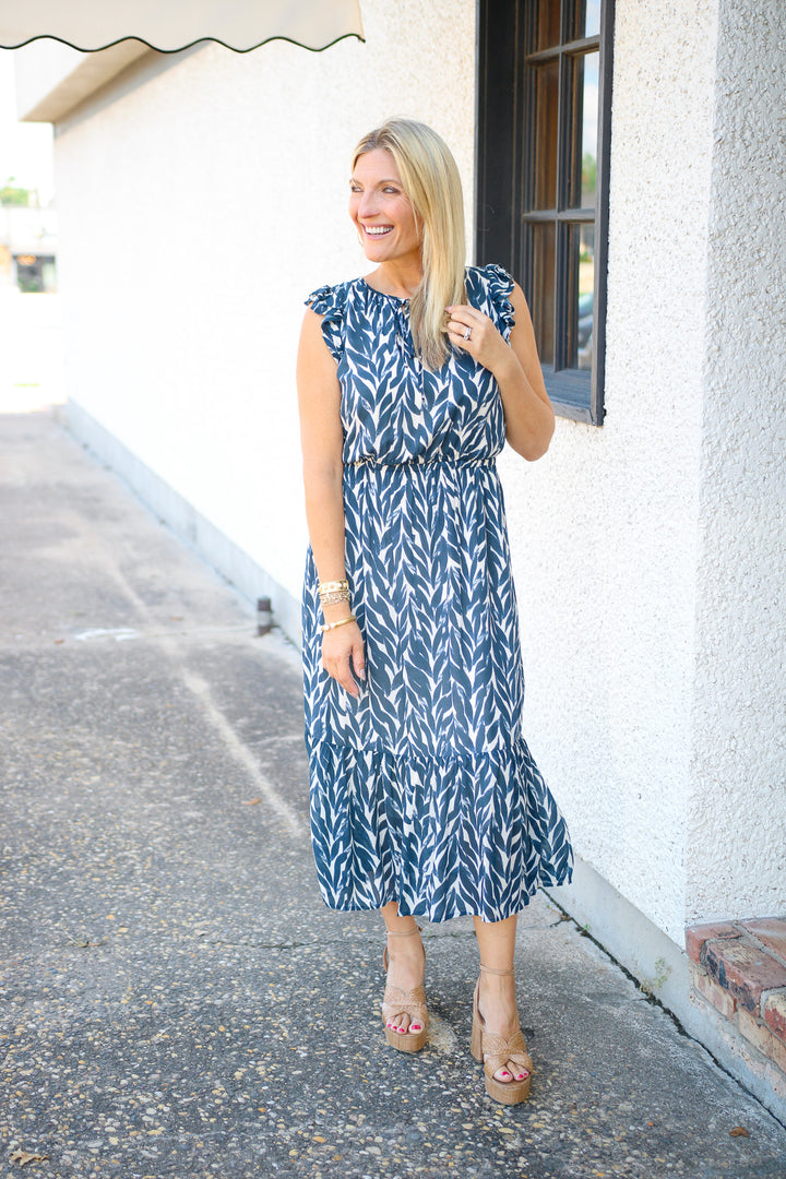 Ruffle Midi Dress, Navy Leaves Print