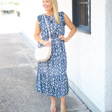 Ruffle Midi Dress, Navy Leaves Print