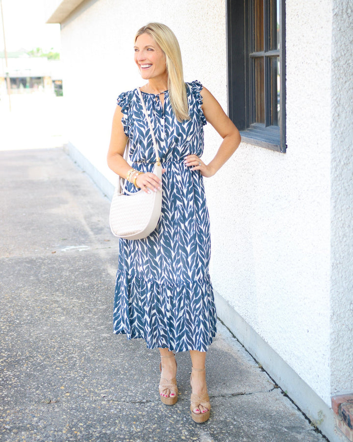 Ruffle Midi Dress, Navy Leaves Print