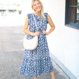 Ruffle Midi Dress, Navy Leaves Print
