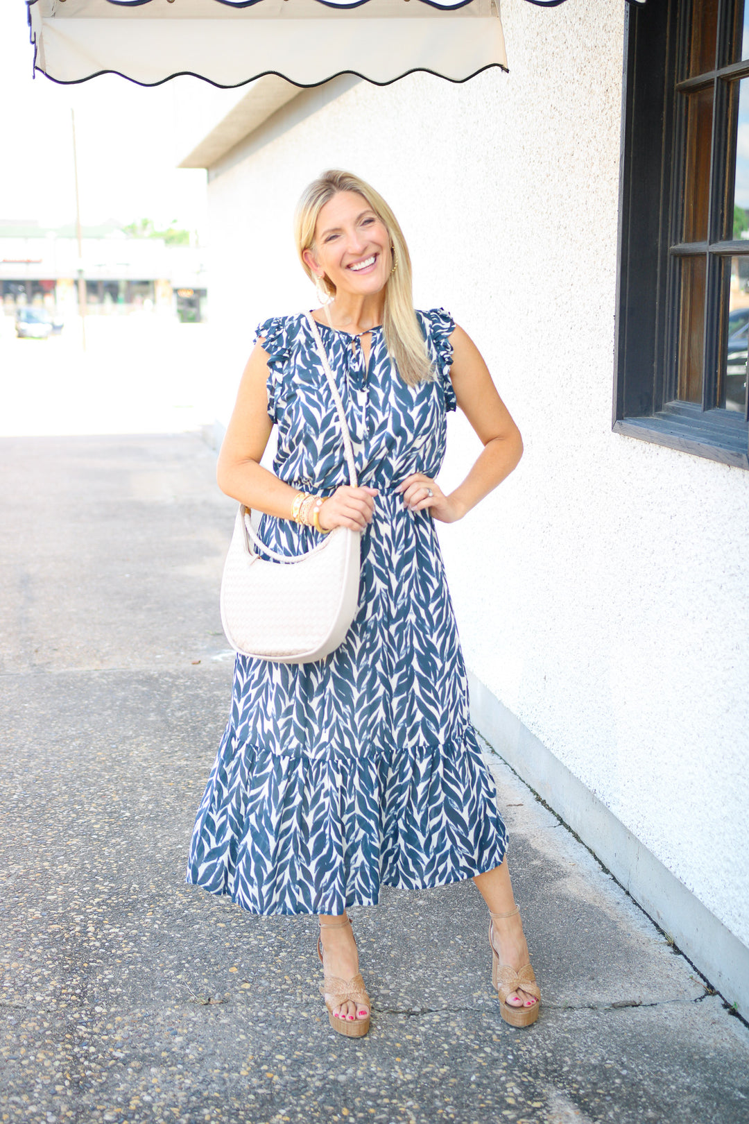 Ruffle Midi Dress, Navy Leaves Print