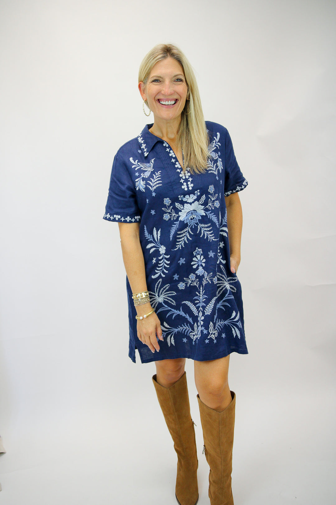 Winona Linen Henley Collared Dress, Blue Night