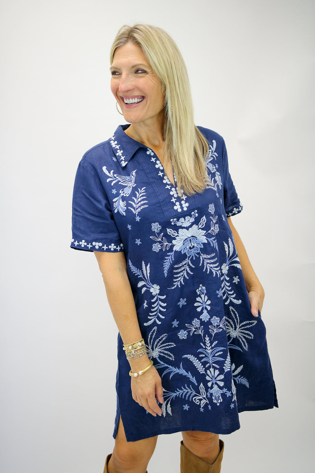 Winona Linen Henley Collared Dress, Blue Night