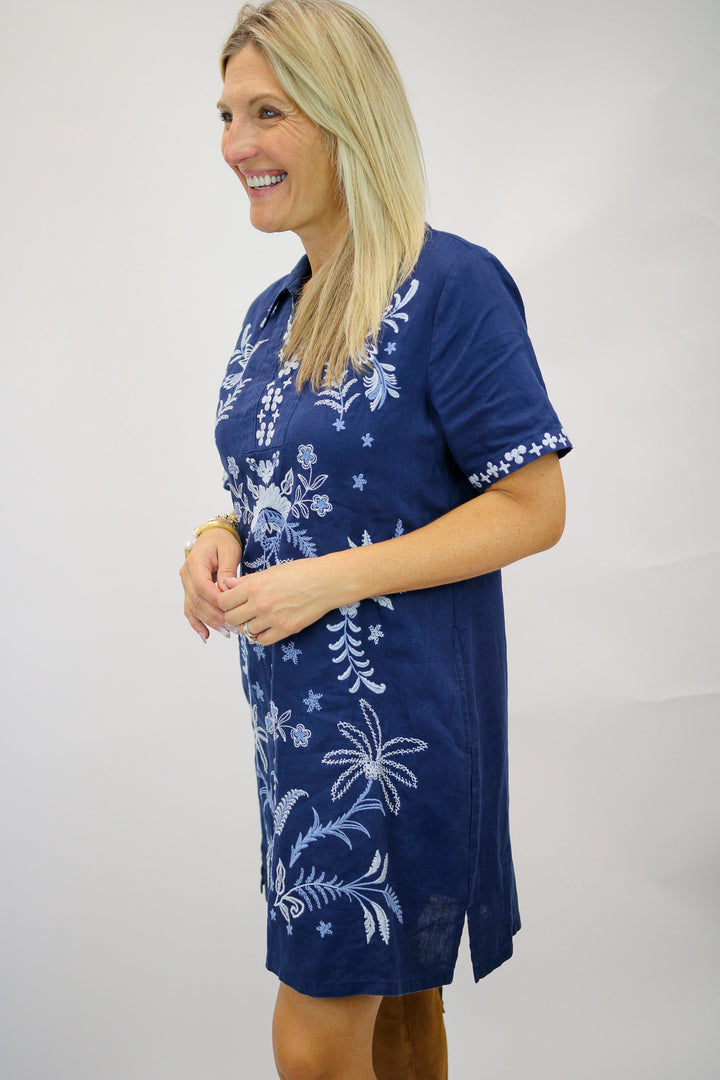 Winona Linen Henley Collared Dress, Blue Night