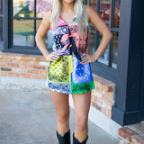 Tie Cotton Tank Romper, Multi Colorblock