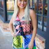Tie Cotton Tank Romper, Multi Colorblock