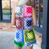 Tie Cotton Tank Romper, Multi Colorblock