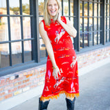 Bucking Cowgirl Fringe Bottom Midi Tank Dress, Red