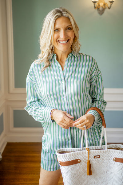 Oversized Button Down, Emerald Surf Stripe