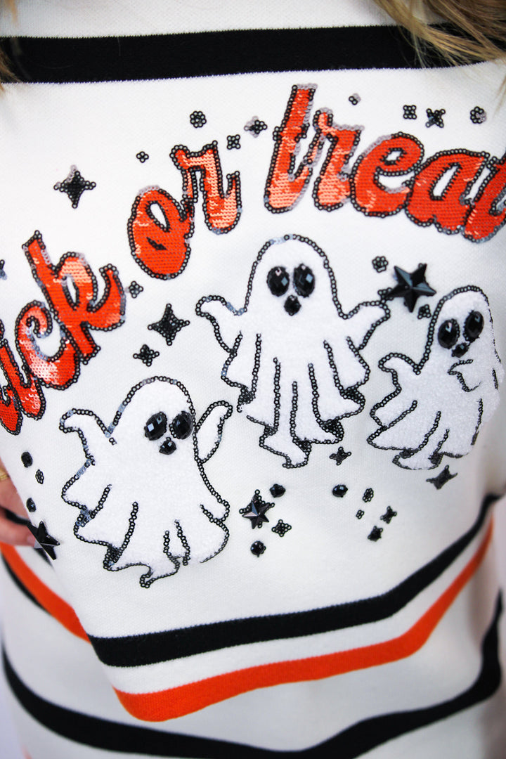 Trick or Treat Top, White Black & Orange Stripe