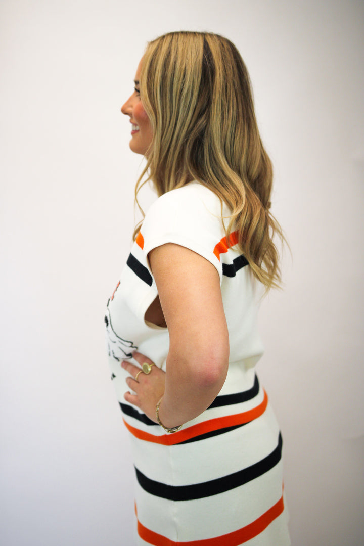 Trick or Treat Top, White Black & Orange Stripe