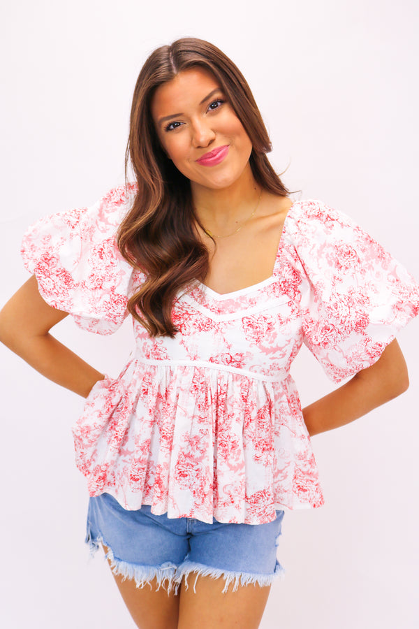 Eyes On Me Floral Sweetheart Top, Red