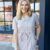Short Sleeve Seamed Puritan Collar Dress, Soft Dune
