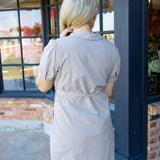 Short Sleeve Seamed Puritan Collar Dress, Soft Dune